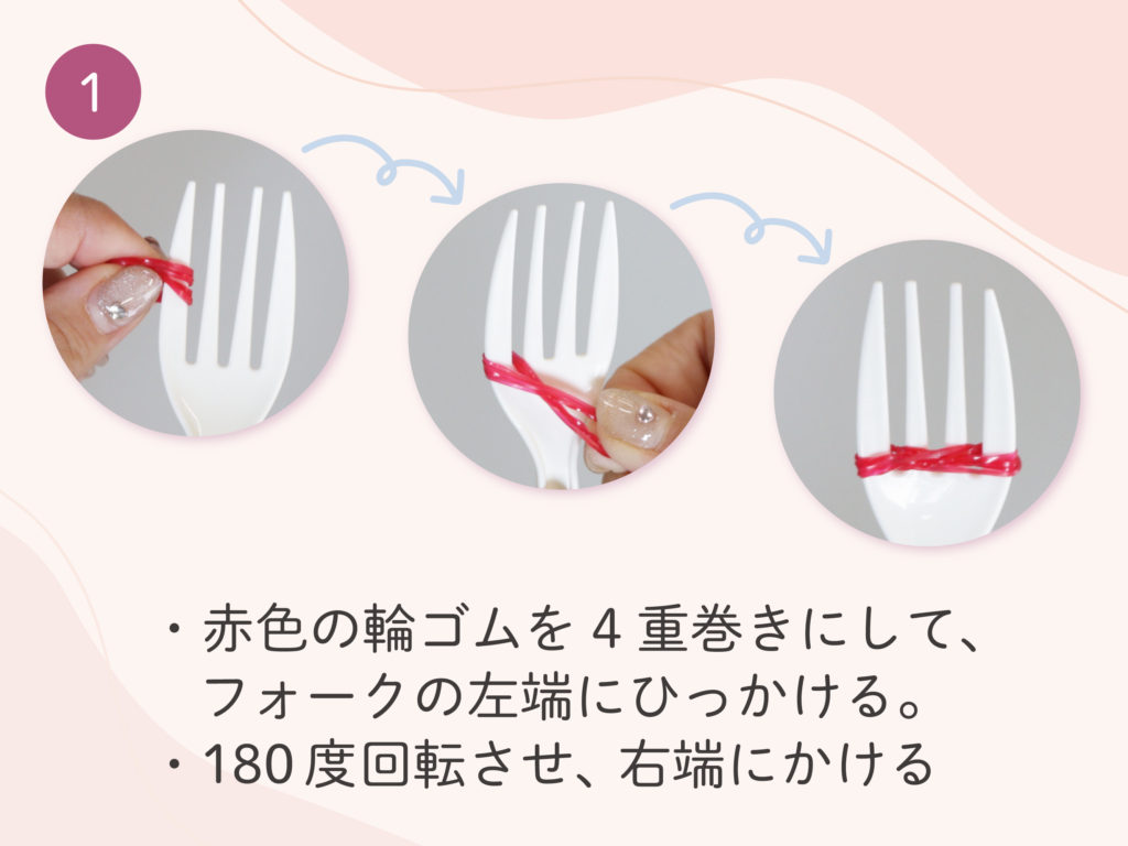 赤色の輪ゴムを4重巻きにして、フォークの左端にひっかける。
180度回転させ、右端にかける