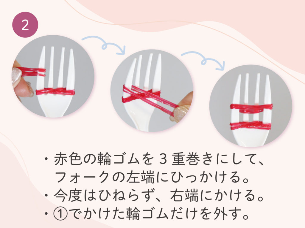 赤色の輪ゴムを3重巻きにして、フォークの左端にひっかける。
今度はひねらず、右端にかける。
①でかけた輪ゴムだけを外す。